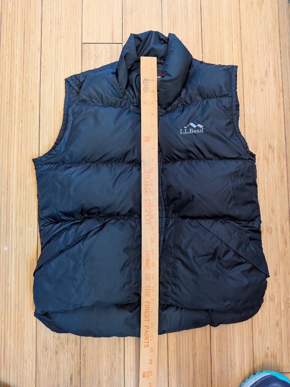 LL Bean Black Down Vest, women's regular small, snap closure, stuff bag pocket